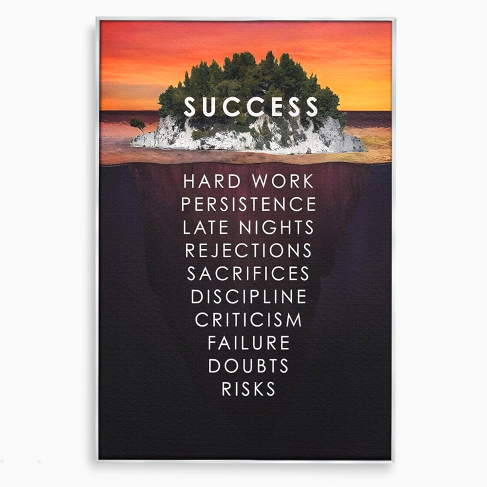 Tablou canvas cu tablou motivational cu iceberg si insula, in rama de aluminiu argintiu