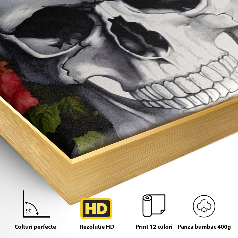 Detaliu al suprafetei: tablou canvas cu craniu si trandafiri, in rama de aluminiu auriu