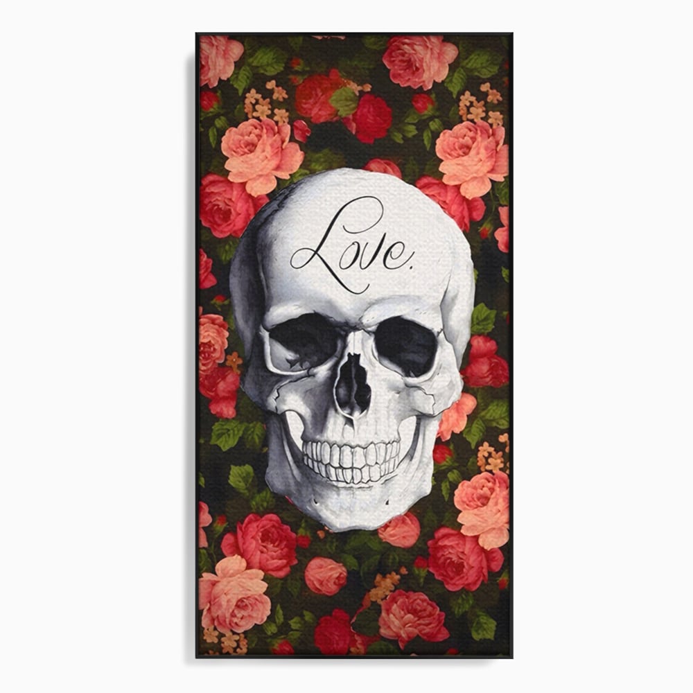 Tablou canvas cu tablou canvas cu craniu si trandafiri, in rama de aluminiu negru