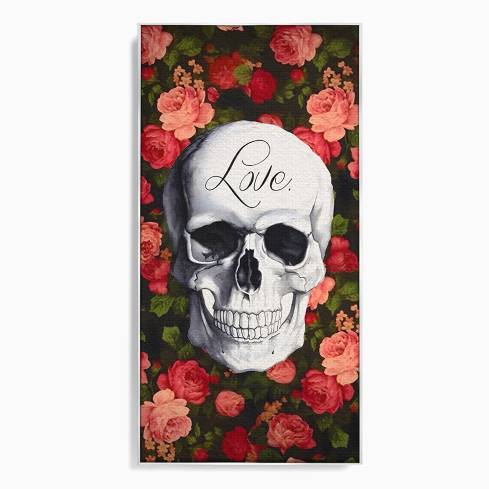 Tablou canvas cu tablou canvas cu craniu si trandafiri, in rama de aluminiu argintiu