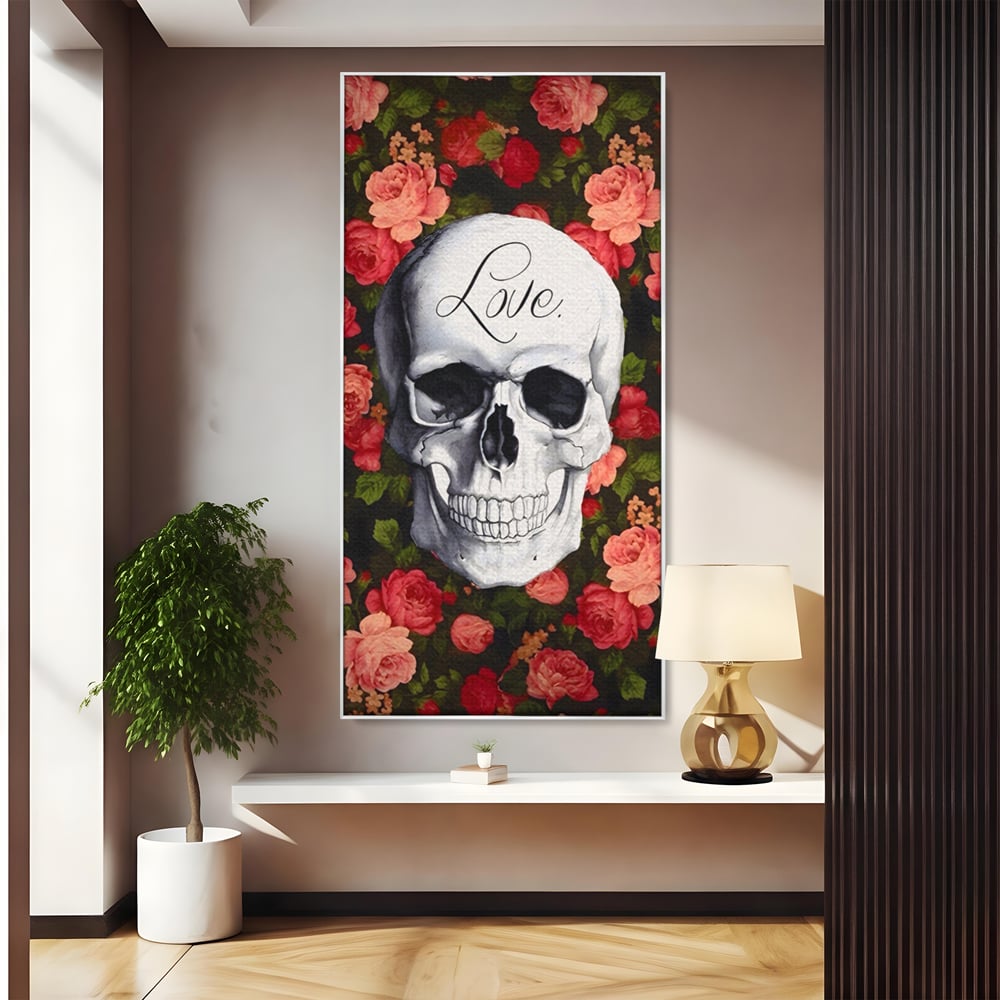 Tablou canvas cu tablou canvas cu craniu si trandafiri, in rama de aluminiu argintiu