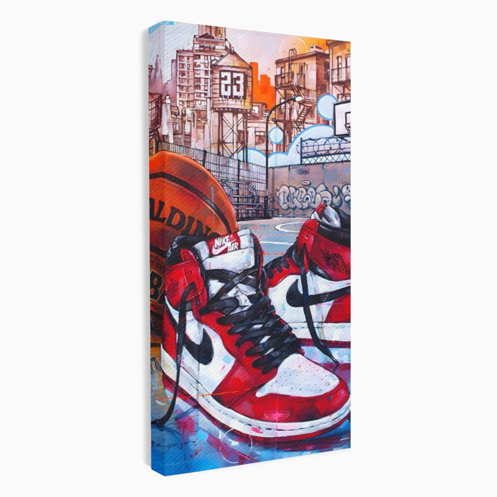 Tablou canvas cu tablou canvas cu adidasi si baschet, fara rama, pe sasiu de lemn