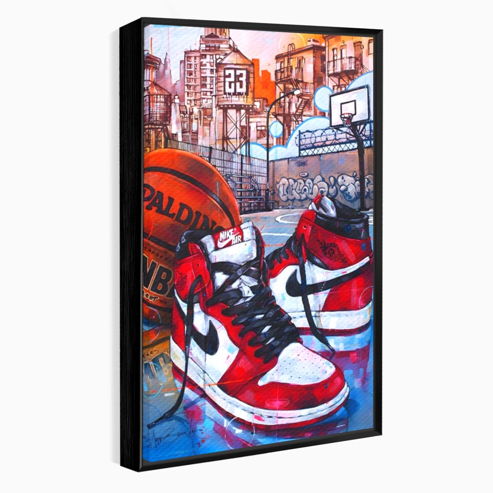Tablou canvas cu tablou canvas cu adidasi si baschet, in rama de aluminiu negru