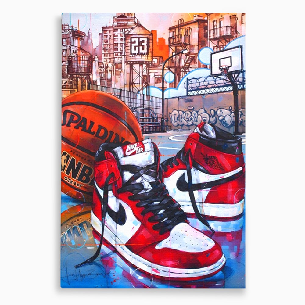 Tablou canvas cu tablou canvas cu adidasi si baschet, fara rama, pe sasiu de lemn