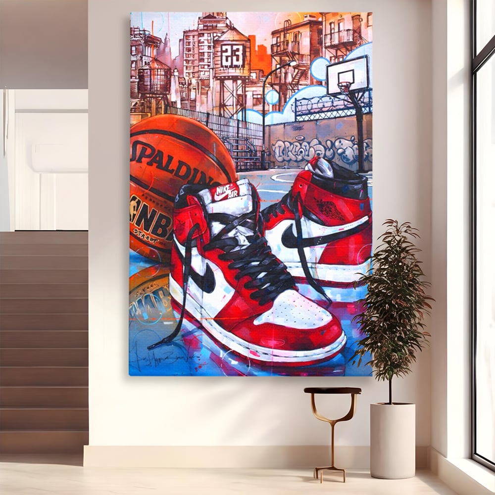 Tablou canvas cu tablou canvas cu adidasi si baschet, fara rama, pe sasiu de lemn