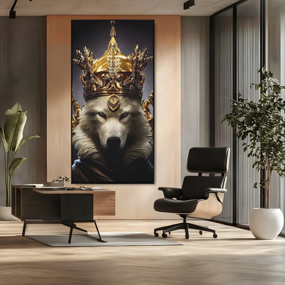 Tablou canvas cu tablou canvas cu lup rege incoronat, in rama de aluminiu negru, pe perete intr-un birou