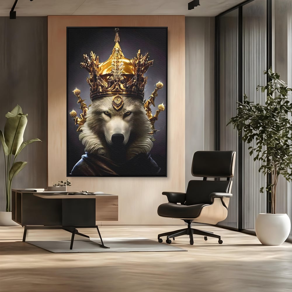 Tablou canvas cu tablou canvas cu lup rege incoronat, in rama de aluminiu negru, pe perete intr-un birou