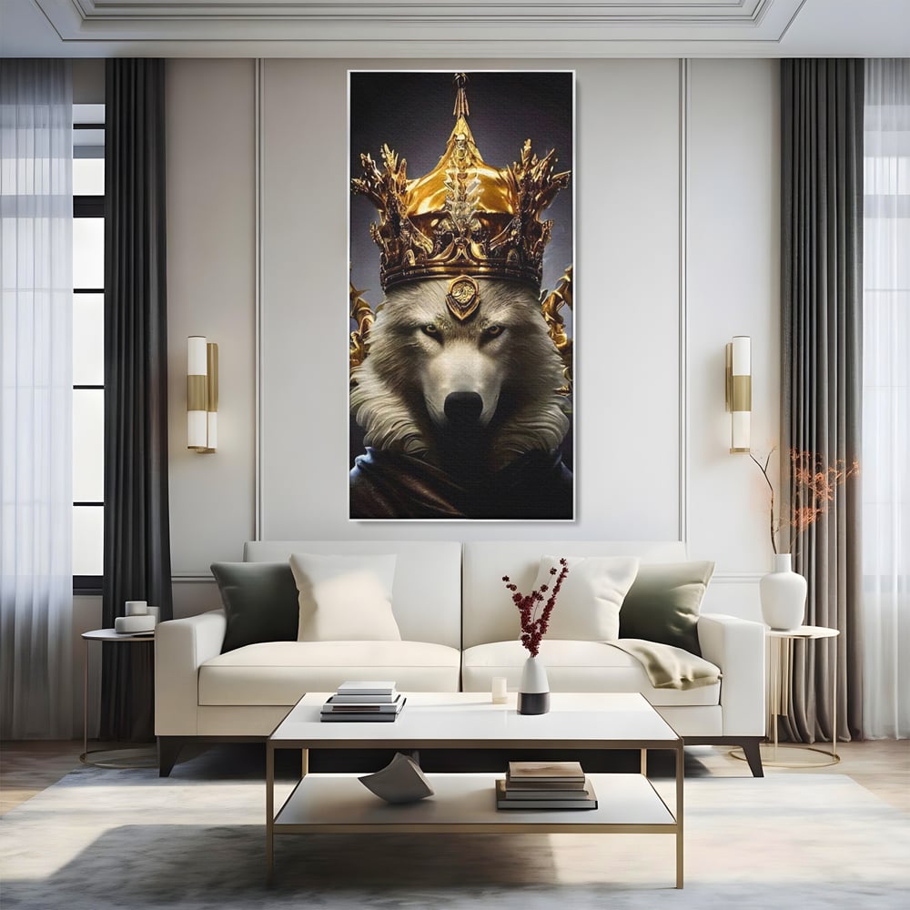 Tablou canvas cu tablou canvas cu lup rege incoronat, in rama de aluminiu argintiu, pe perete intr-un living