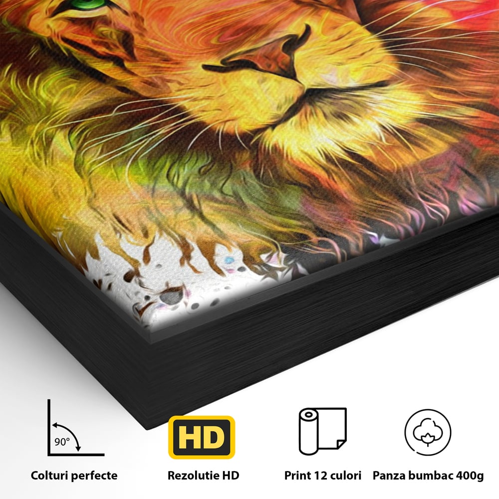 Detaliu al suprafetei: tablou canvas cu leu colorat, in rama de aluminiu negru