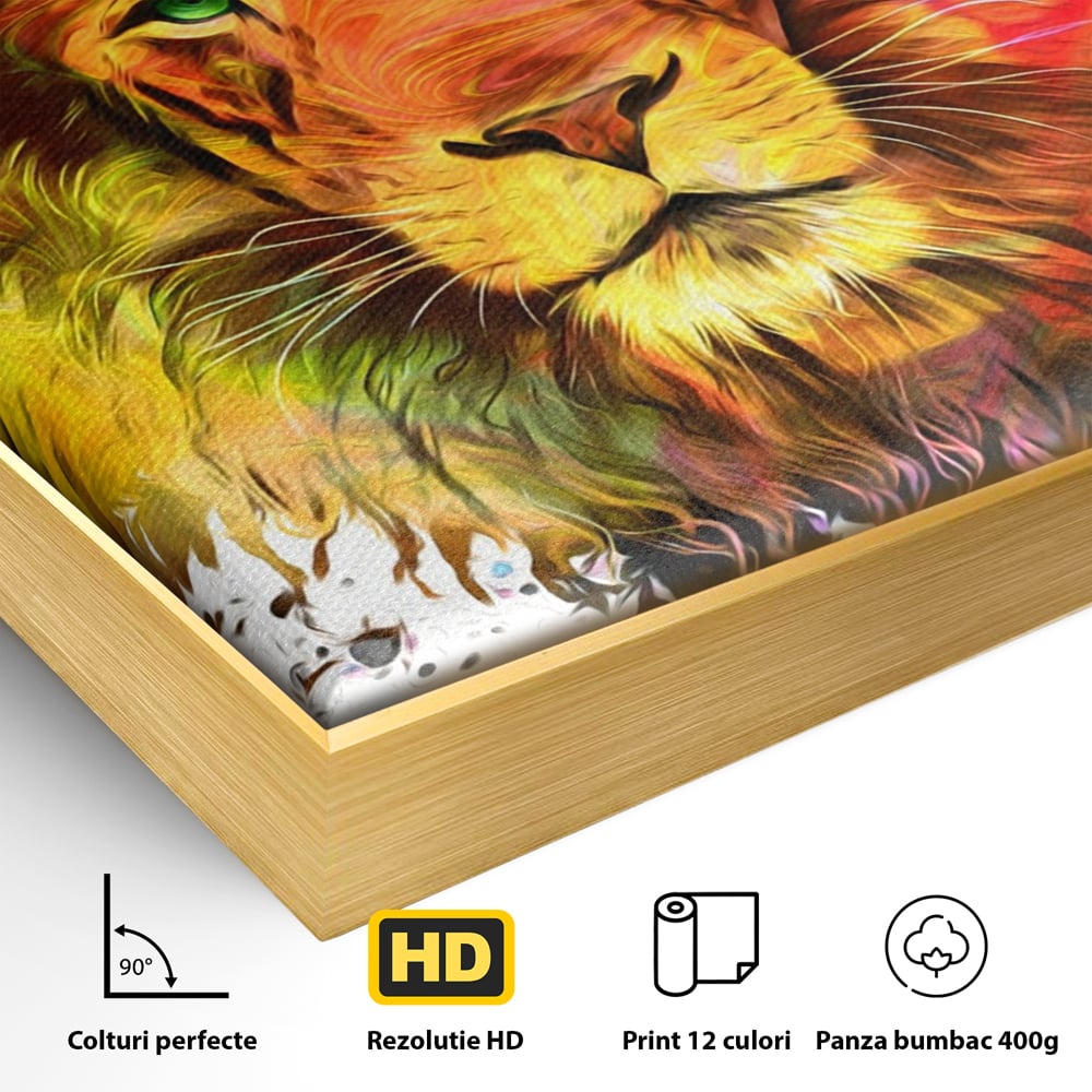 Detaliu al suprafetei: tablou canvas cu leu colorat, in rama de aluminiu auriu