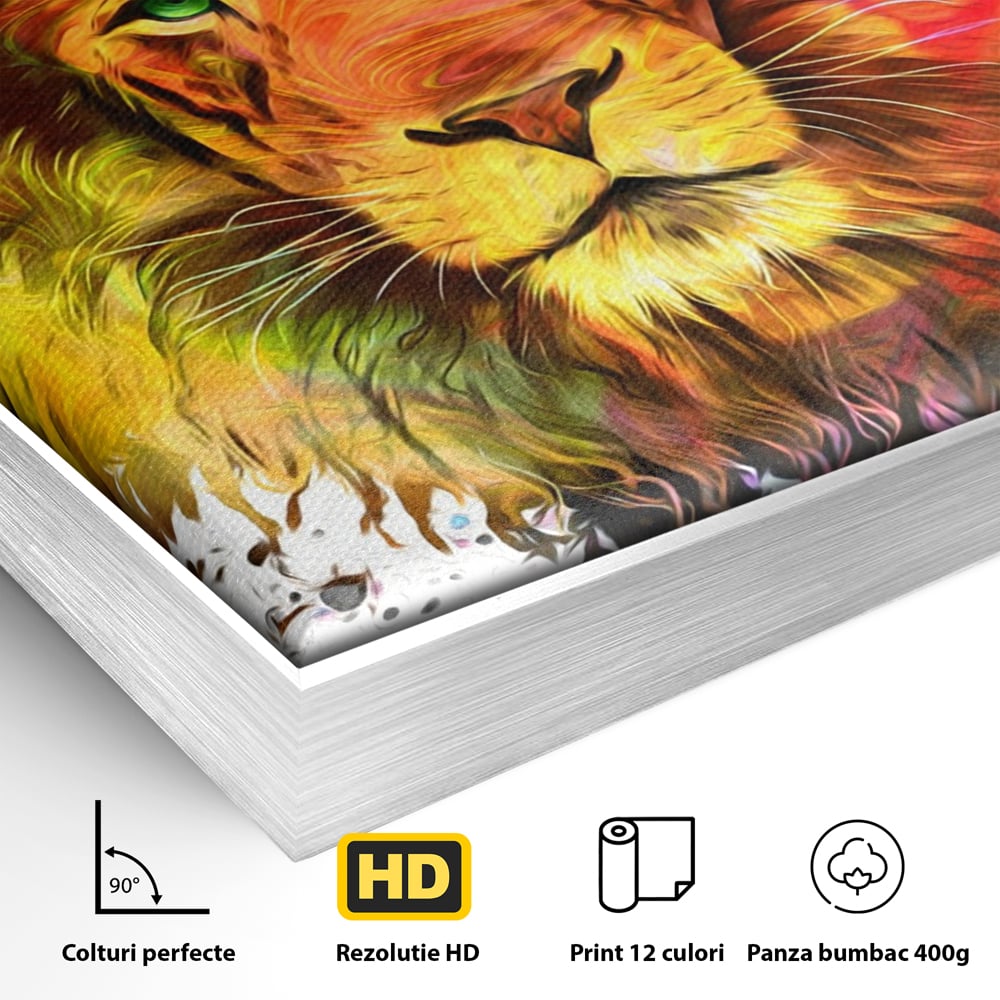 Detaliu al suprafetei: tablou canvas cu leu colorat, in rama de aluminiu argintiu