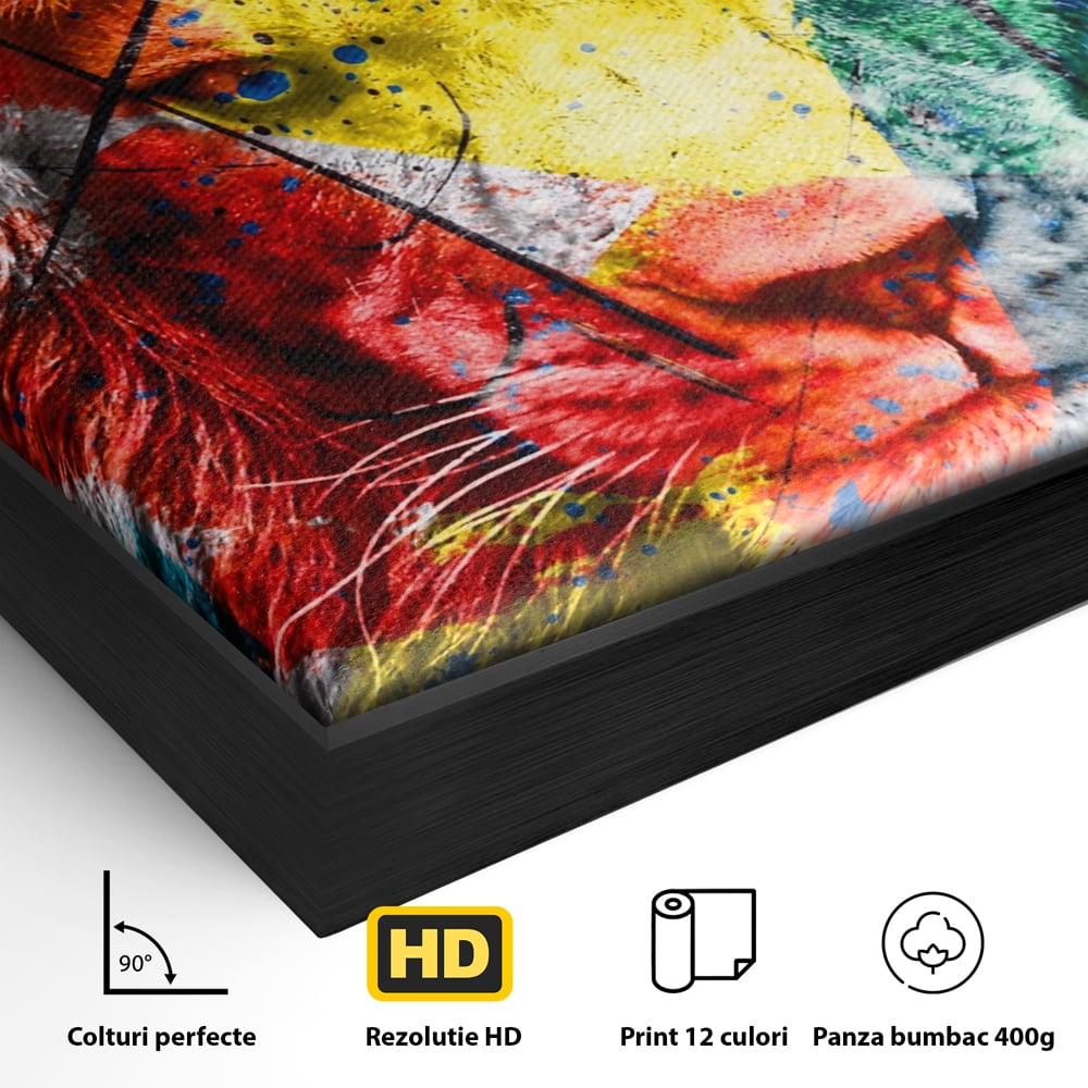 Detaliu al suprafetei: tablou canvas cu leu colorat, in rama de aluminiu negru
