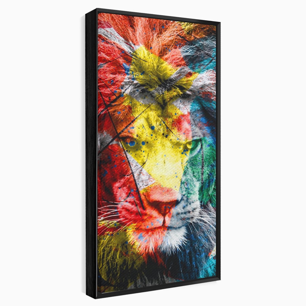 Tablou canvas cu tablou canvas cu leu colorat, in rama de aluminiu negru