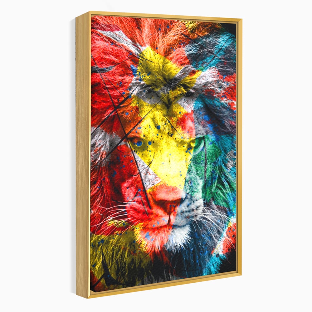 Tablou canvas cu tablou canvas cu leu colorat, in rama de aluminiu auriu
