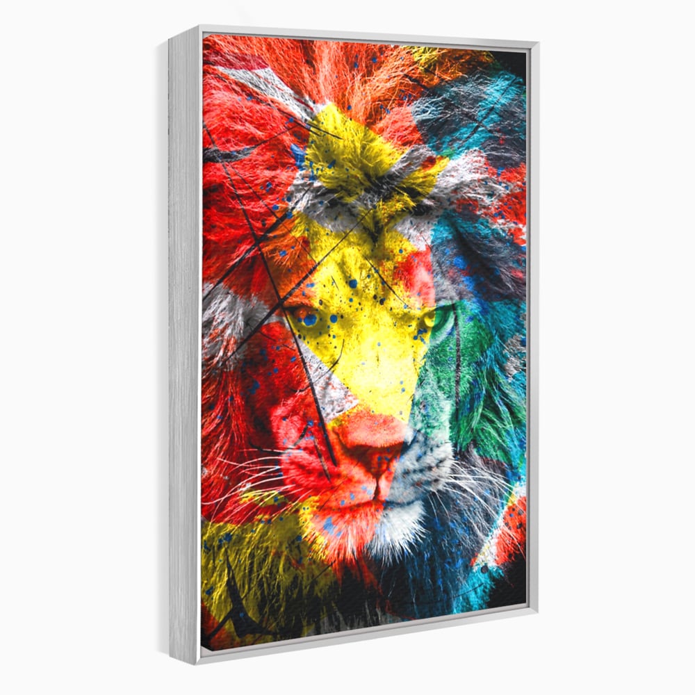 Tablou canvas cu tablou canvas cu leu colorat, in rama de aluminiu argintiu