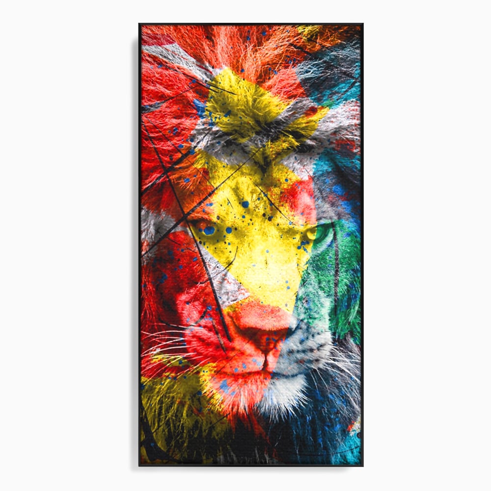 Tablou canvas cu tablou canvas cu leu colorat, in rama de aluminiu negru