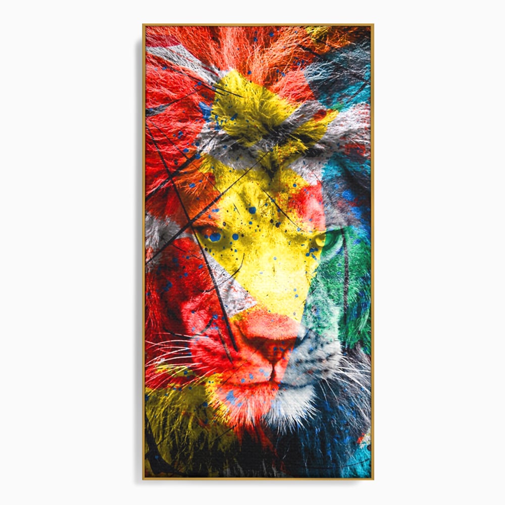 Tablou canvas cu tablou canvas cu leu colorat, in rama de aluminiu auriu