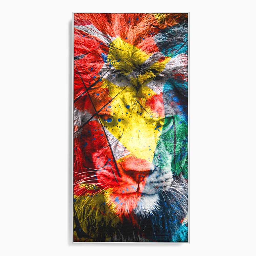 Tablou canvas cu tablou canvas cu leu colorat, in rama de aluminiu argintiu