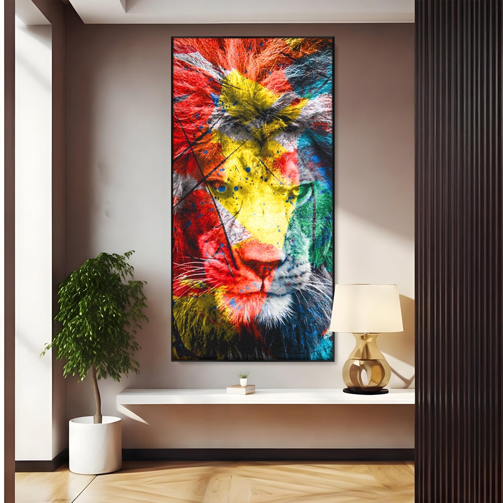 Tablou canvas cu tablou canvas cu leu colorat, in rama de aluminiu negru