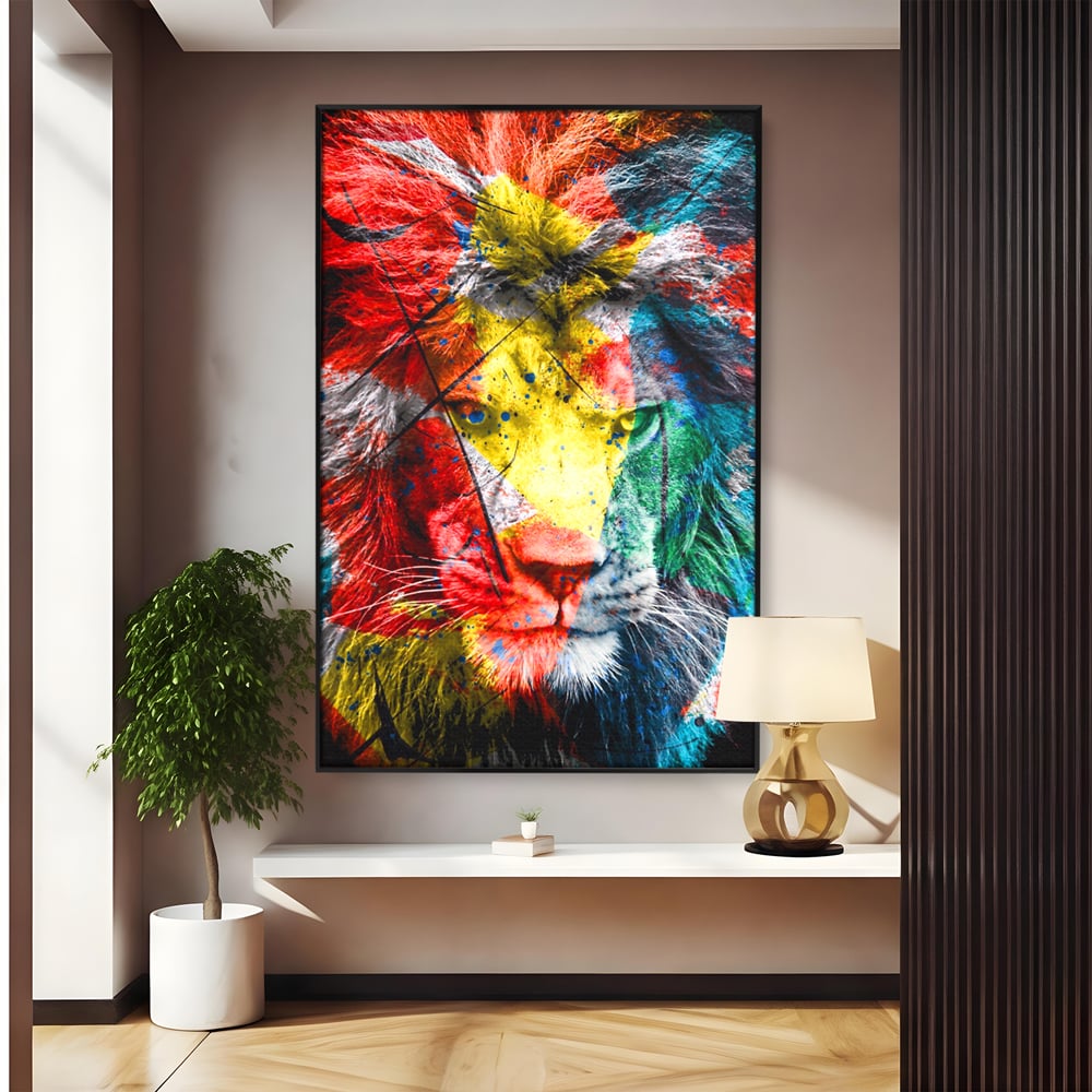 Tablou canvas cu tablou canvas cu leu colorat, in rama de aluminiu negru