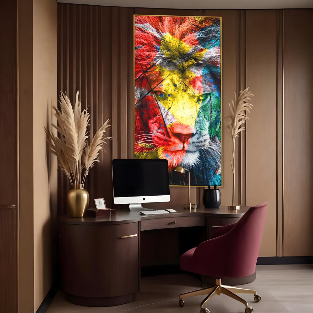 Tablou canvas cu tablou canvas cu leu colorat, in rama de aluminiu auriu, pe perete intr-un birou