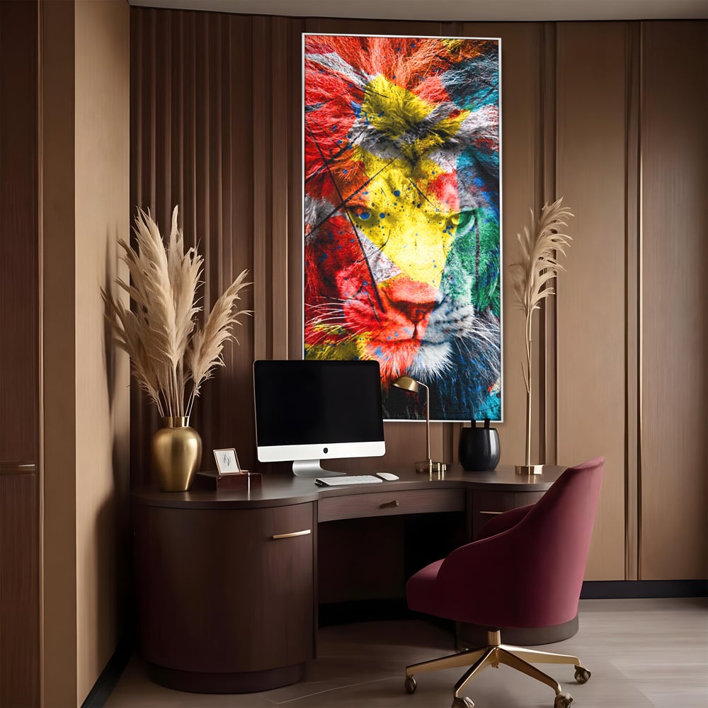 Tablou canvas cu tablou canvas cu leu colorat, in rama de aluminiu argintiu, pe perete intr-un birou