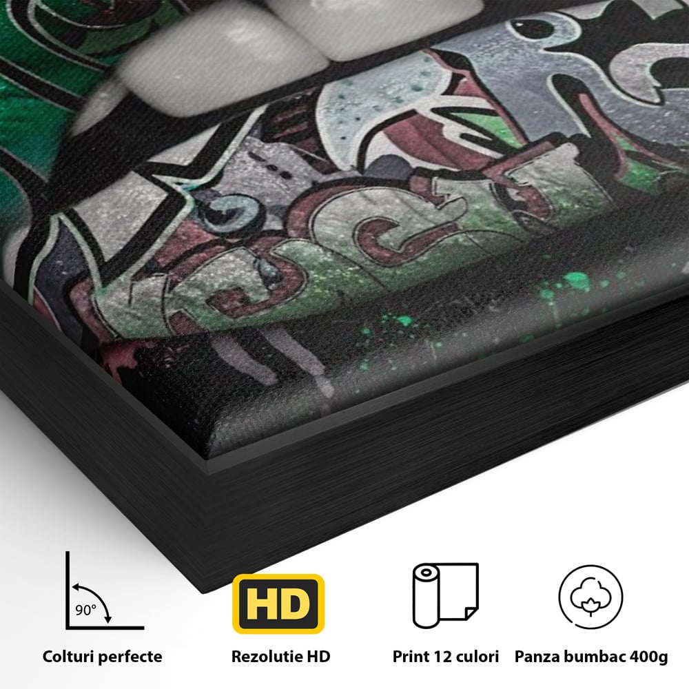 Detaliu al suprafetei: tablou canvas cu buze si graffiti verde, in rama de aluminiu negru