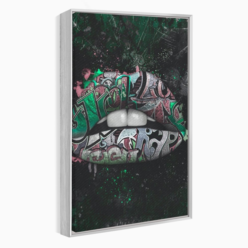 Tablou canvas cu tablou canvas cu buze si graffiti verde, in rama de aluminiu argintiu