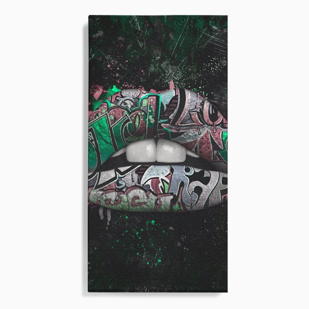 Tablou canvas cu tablou canvas cu buze si graffiti verde, fara rama, pe sasiu de lemn
