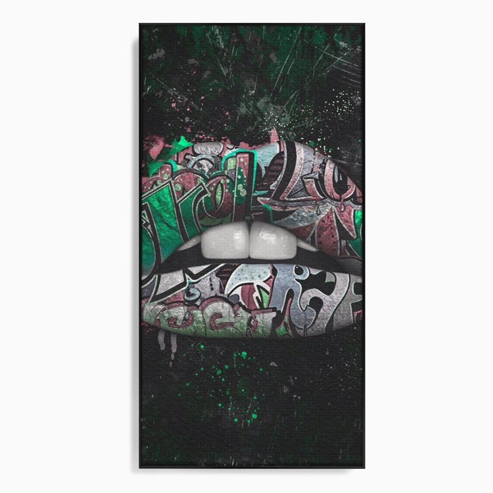 Tablou canvas cu tablou canvas cu buze si graffiti verde, in rama de aluminiu negru