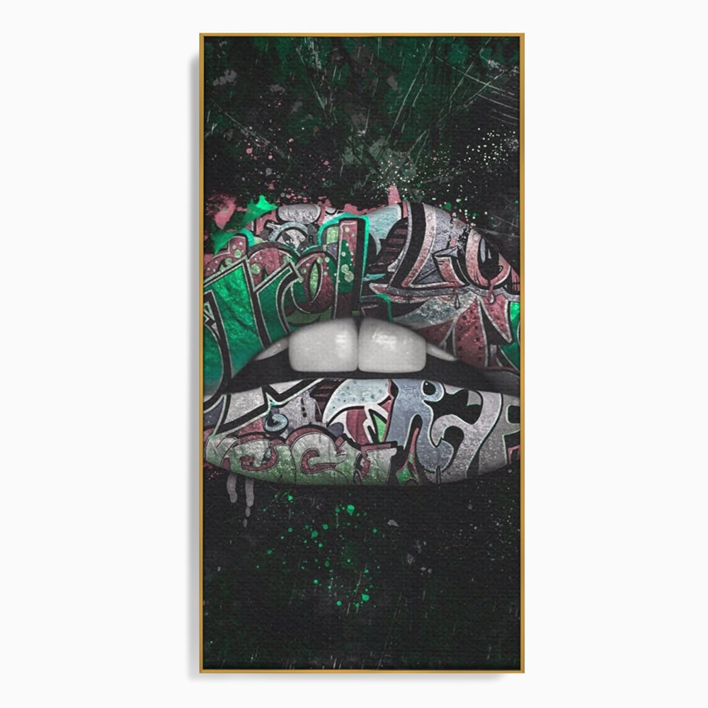 Tablou canvas cu tablou canvas cu buze si graffiti verde, in rama de aluminiu auriu