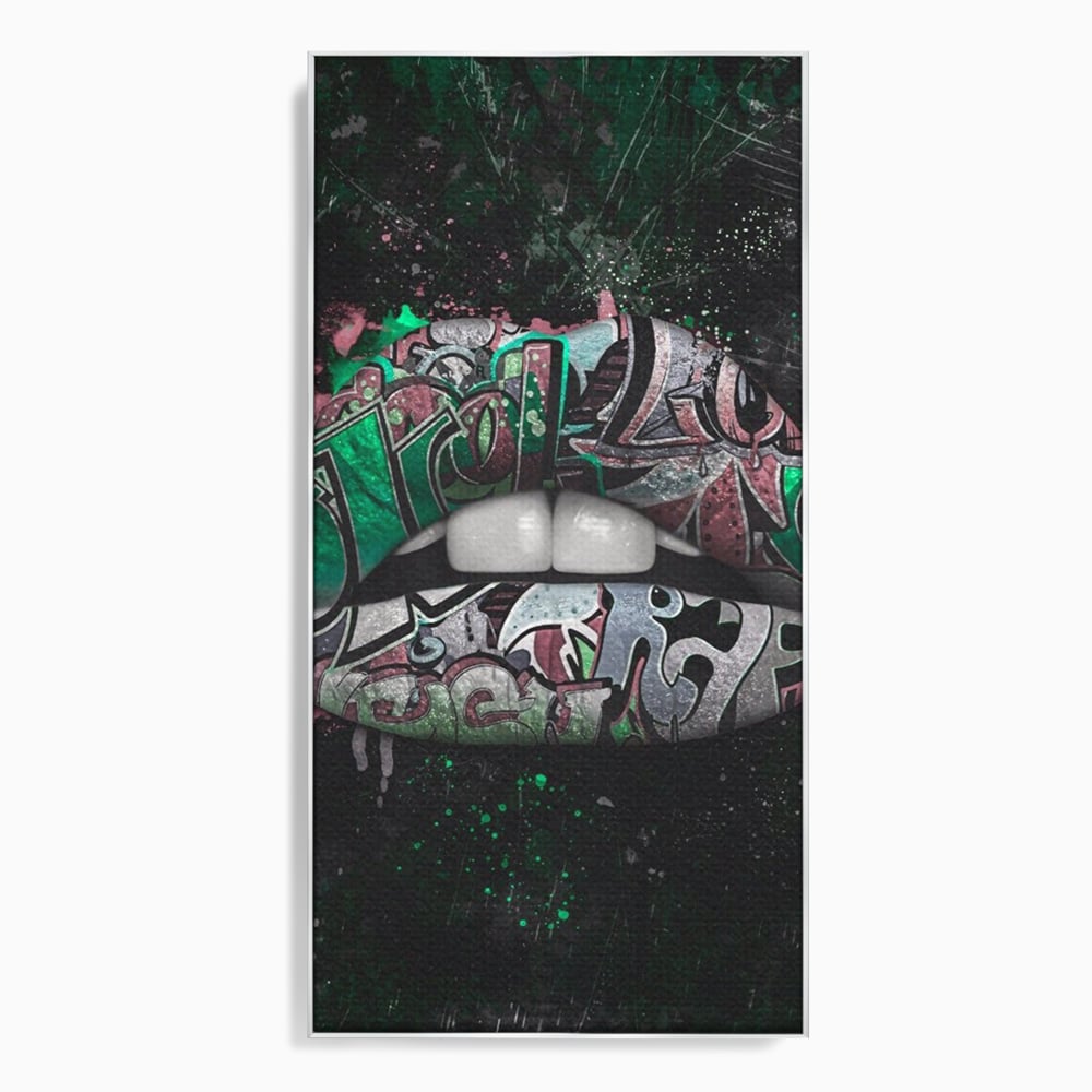 Tablou canvas cu tablou canvas cu buze si graffiti verde, in rama de aluminiu argintiu