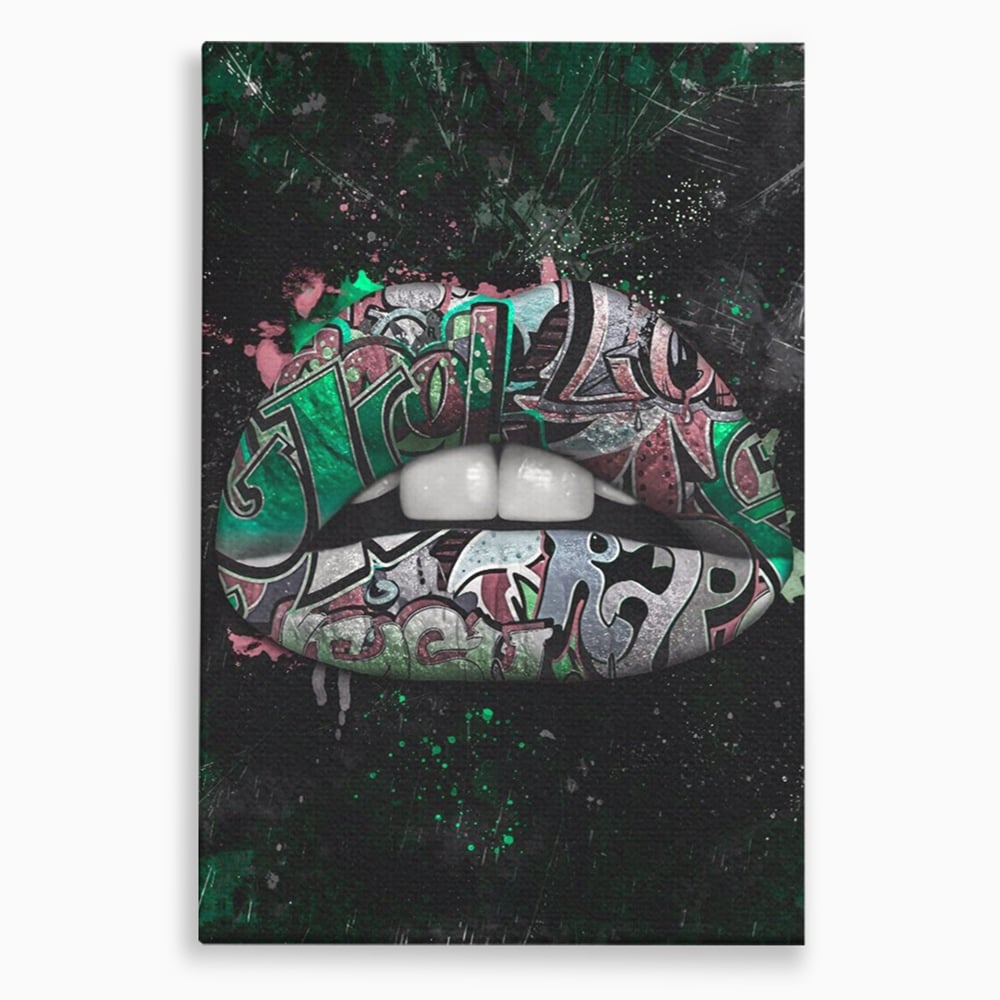 Tablou canvas cu tablou canvas cu buze si graffiti verde, fara rama, pe sasiu de lemn