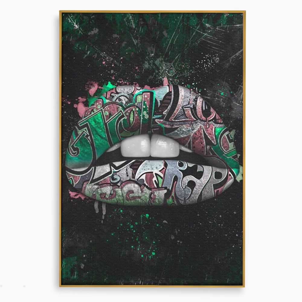 Tablou canvas cu tablou canvas cu buze si graffiti verde, in rama de aluminiu auriu