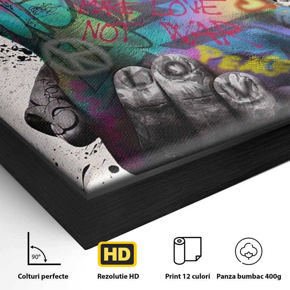 Detaliu al suprafetei: tablou canvas cu maini desenate in stil graffiti, in rama de aluminiu negru