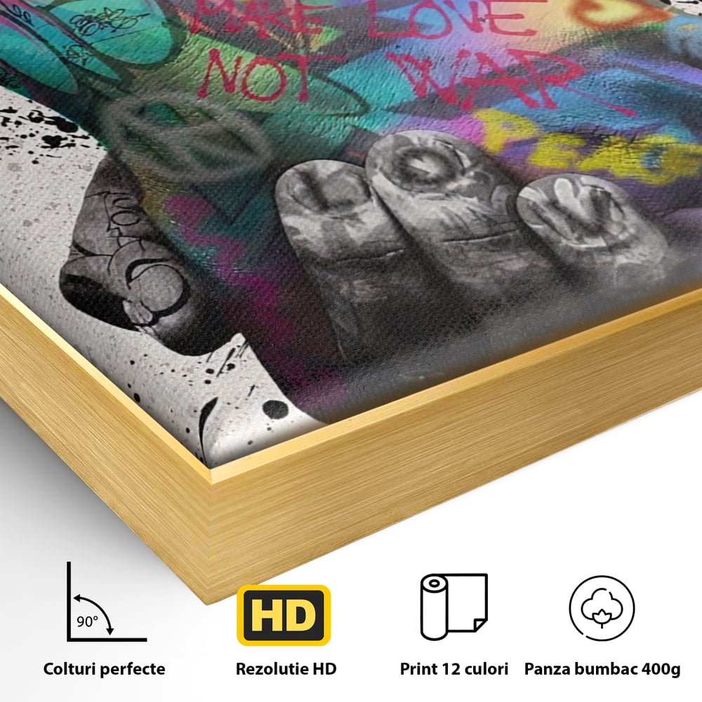 Detaliu al suprafetei: tablou canvas cu maini desenate in stil graffiti, in rama de aluminiu auriu