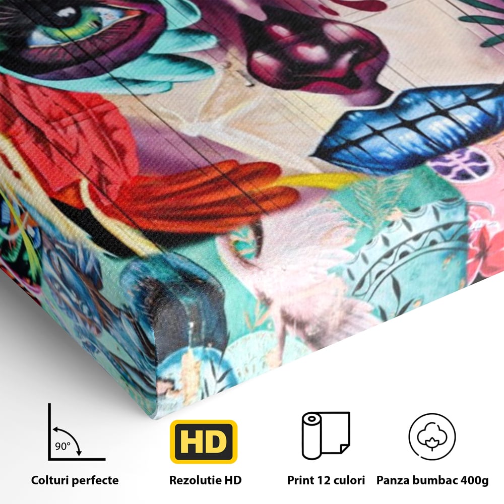 Detaliu al suprafetei: tablou canvas cu colaj grafitti urban, fara rama, pe sasiu de lemn