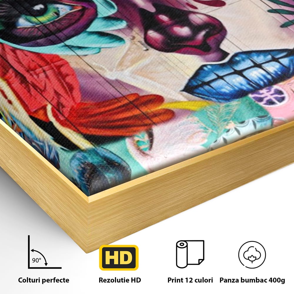 Detaliu al suprafetei: tablou canvas cu colaj grafitti urban, in rama de aluminiu auriu