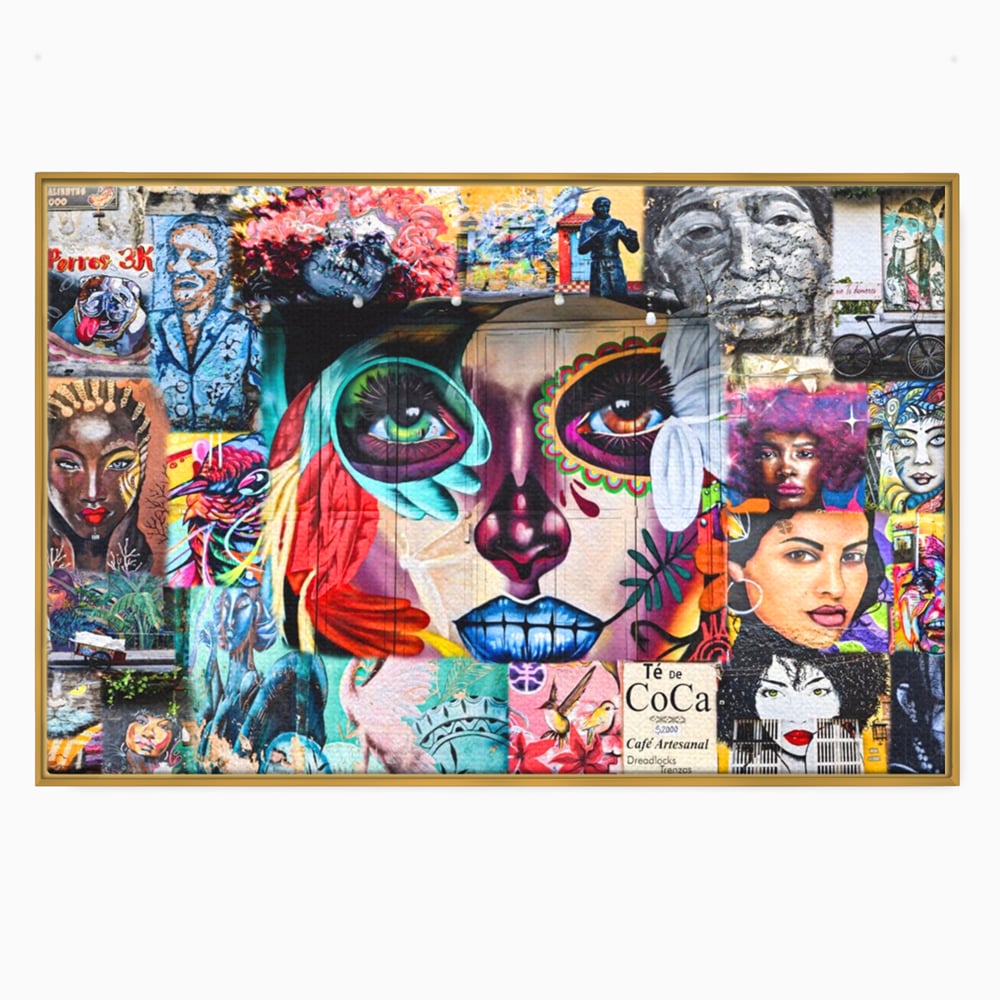 Tablou canvas cu tablou canvas cu colaj grafitti urban, in rama de aluminiu auriu