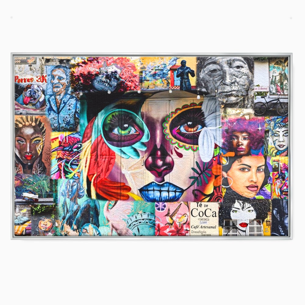 Tablou canvas cu tablou canvas cu colaj grafitti urban, in rama de aluminiu argintiu