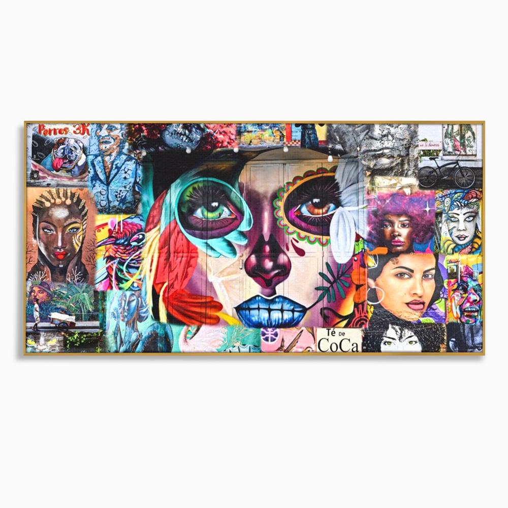 Tablou canvas cu tablou canvas cu colaj grafitti urban, in rama de aluminiu auriu