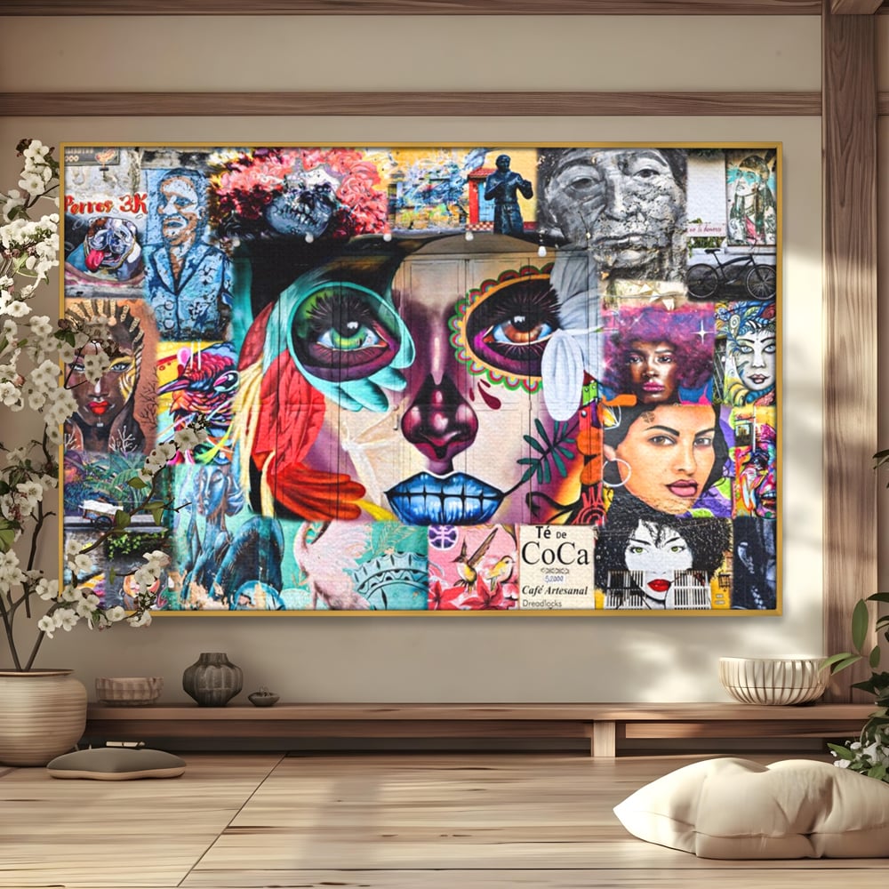 Tablou canvas cu tablou canvas cu colaj grafitti urban, in rama de aluminiu auriu