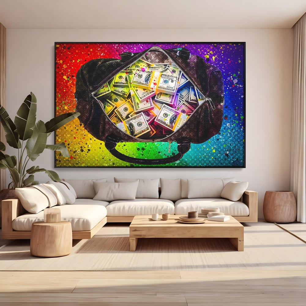 Tablou canvas cu tablou canvas cu geanta plina de bani, in rama de aluminiu negru, pe perete intr-un living