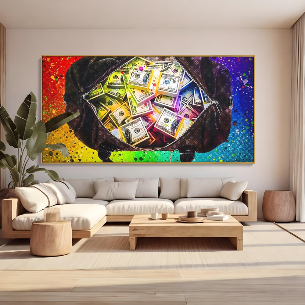Tablou canvas cu tablou canvas cu geanta plina de bani, in rama de aluminiu auriu, pe perete intr-un living