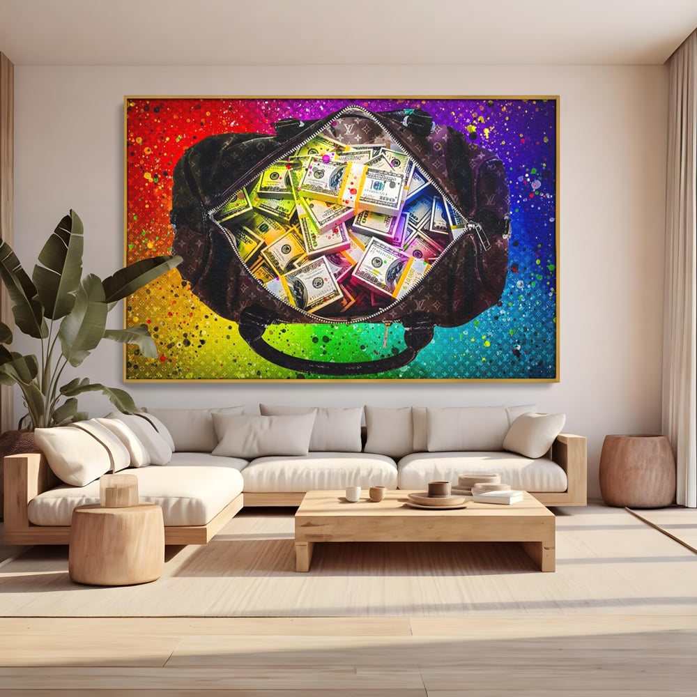 Tablou canvas cu tablou canvas cu geanta plina de bani, in rama de aluminiu auriu, pe perete intr-un living