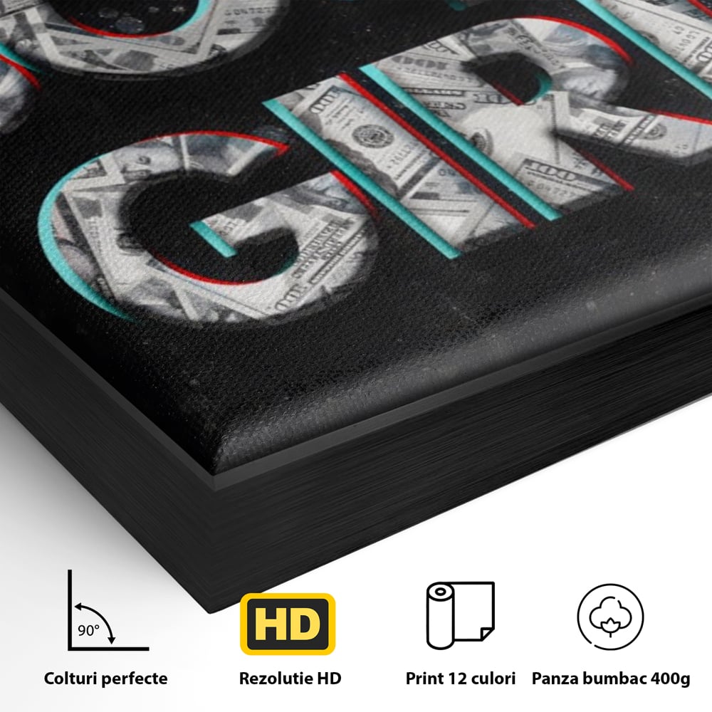 Detaliu al suprafetei: tablou canvas motivant boss girl, in rama de aluminiu negru