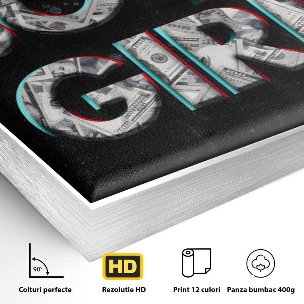 Detaliu al suprafetei: tablou canvas motivant boss girl, in rama de aluminiu argintiu