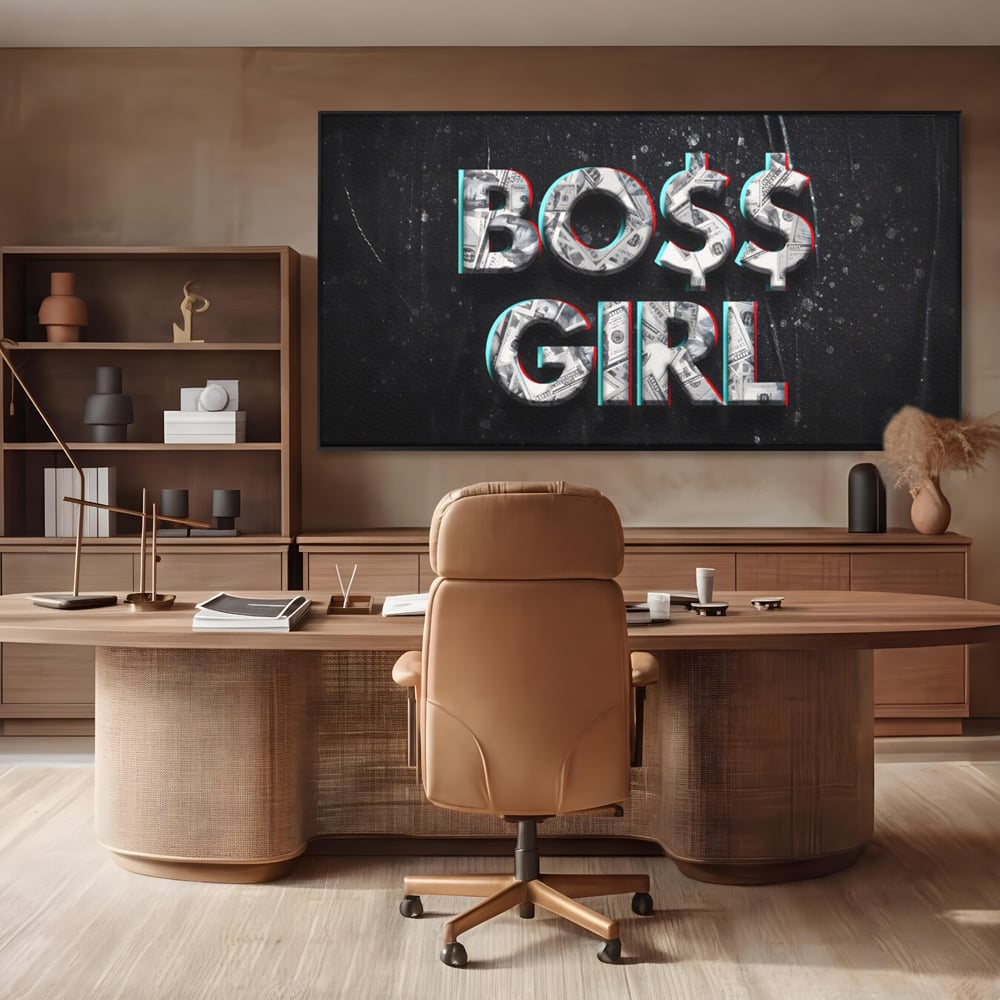 Tablou canvas cu tablou canvas motivant boss girl, in rama de aluminiu negru, pe perete intr-un birou
