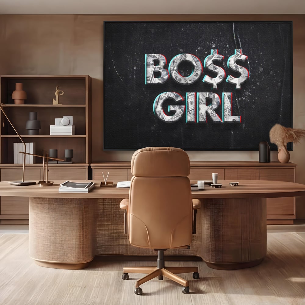 Tablou canvas cu tablou canvas motivant boss girl, in rama de aluminiu negru, pe perete intr-un birou