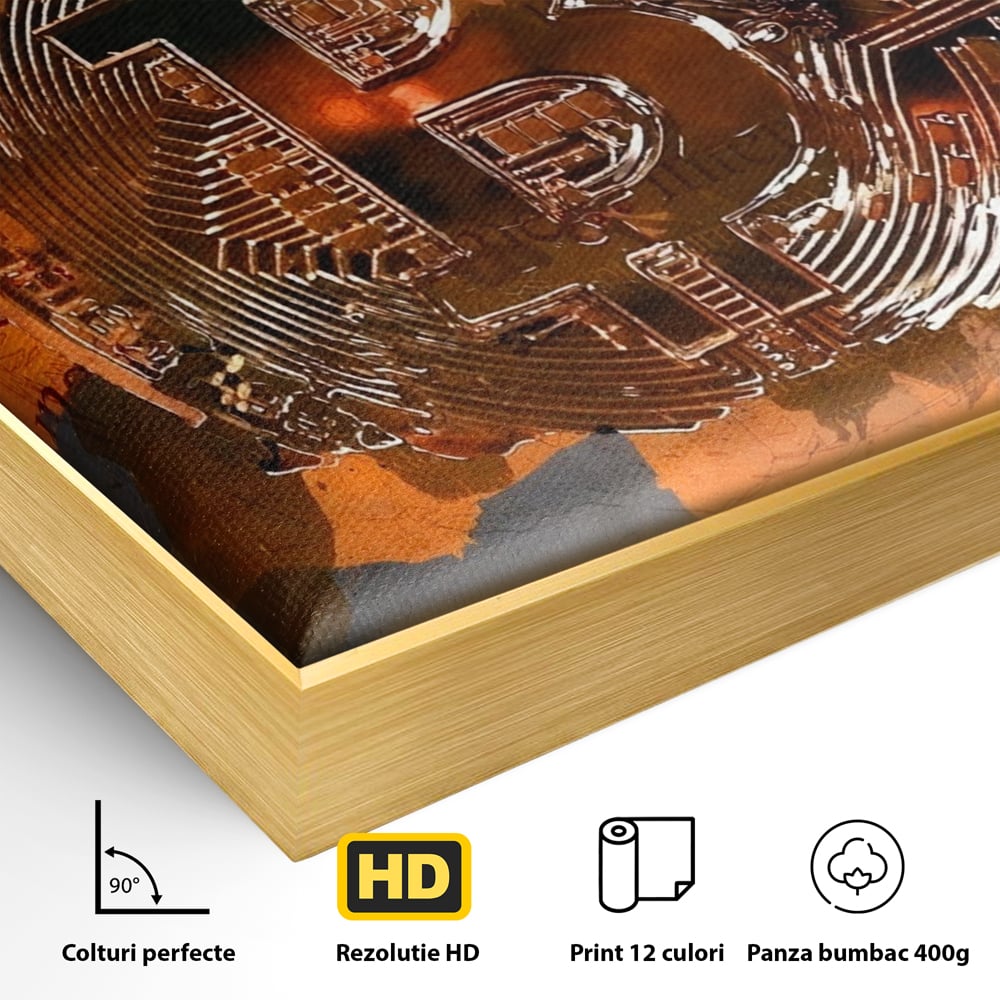 Detaliu al suprafetei: tablou canvas cu moneda bitcoin, in rama de aluminiu auriu